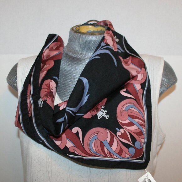 Vtg Carson Pirie Scott & Co Black/Pink/Blue Abstract Floral Silk Scarf - Picture 1 of 7